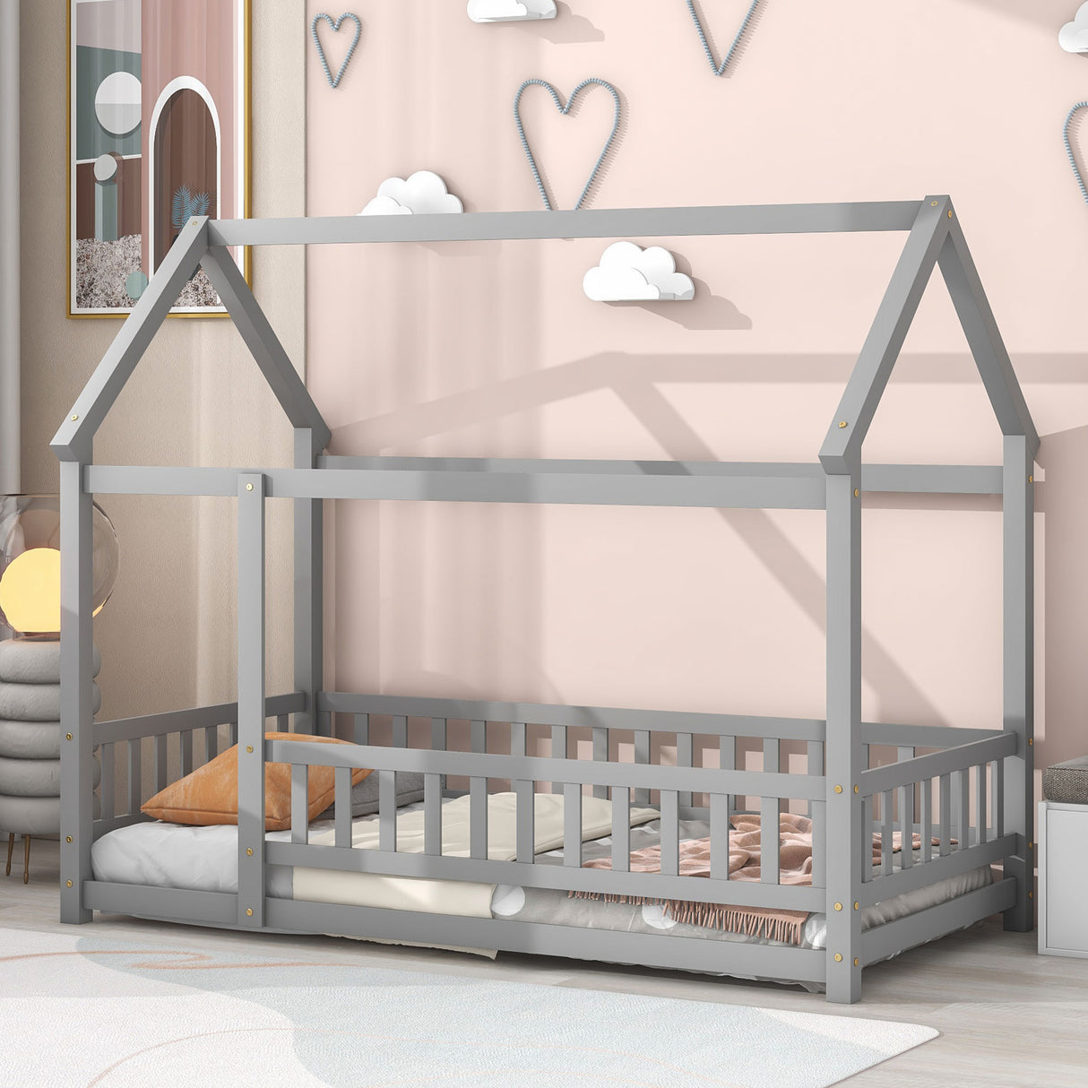 Twin Size Floor Wooden Bed with House Roof Frame, Fence Guardrails,Grey - V.I.P Digital Presence
