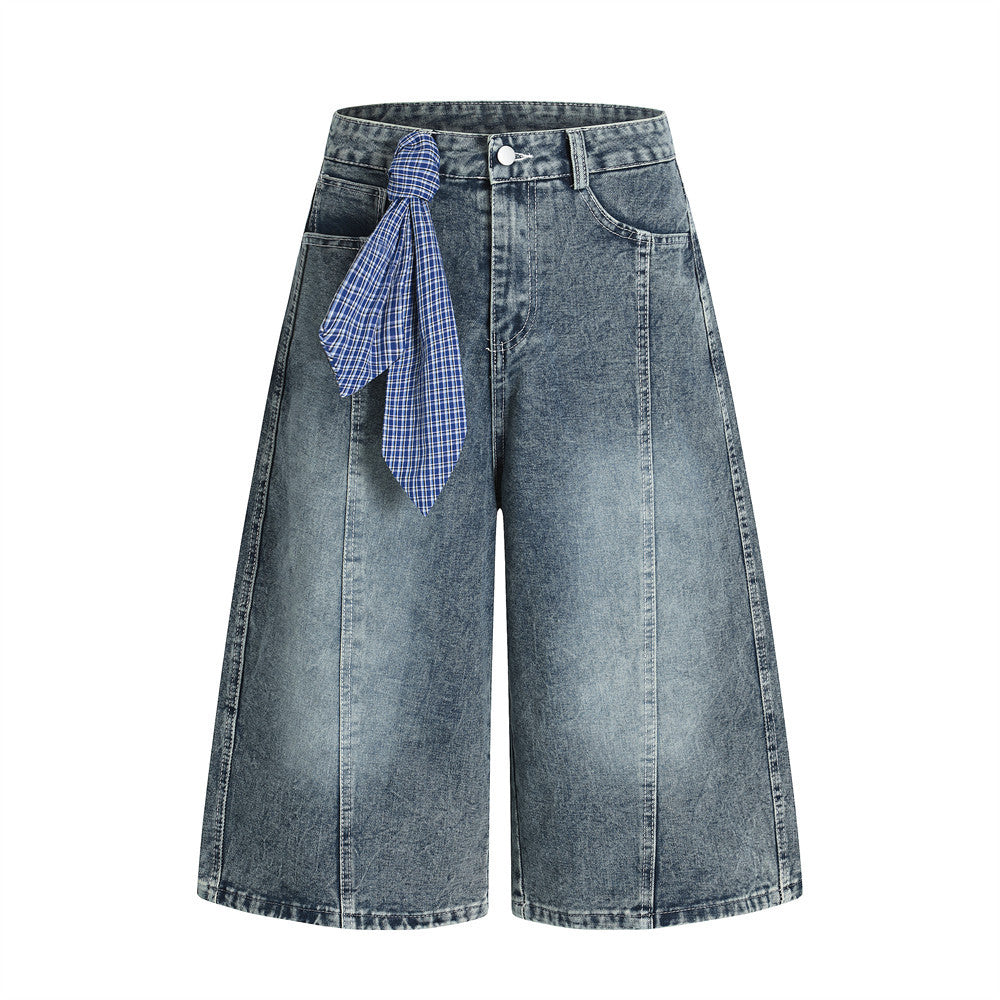 Punk Washed Distressed Denim Shorts Men's Summer Plaid Belted Contrast Pocket Loose Wide-Leg Three-Quarter Pants - V.I.P Digital Presence