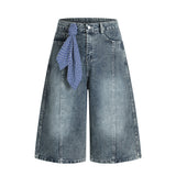 Punk Washed Distressed Denim Shorts Men's Summer Plaid Belted Contrast Pocket Loose Wide-Leg Three-Quarter Pants - V.I.P Digital Presence