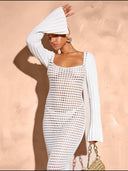 Openwork Square Neck Flare Sleeve Cover-Up Dress - V.I.P Digital Presence