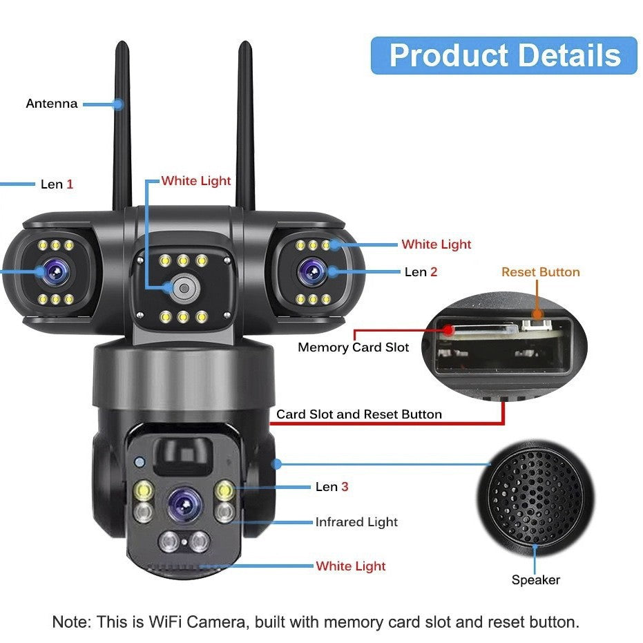 V380 360-Degree Panoramic 3-View 3-Lens Wireless WiFi/4G Solar-Powered Camera Surveillance System - V.I.P Digital Presence