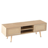 55.12" Rattan TV cabinet double sliding doors for storage adjustable shelf solid wood legs TV console for living room natural - V.I.P Digital Presence