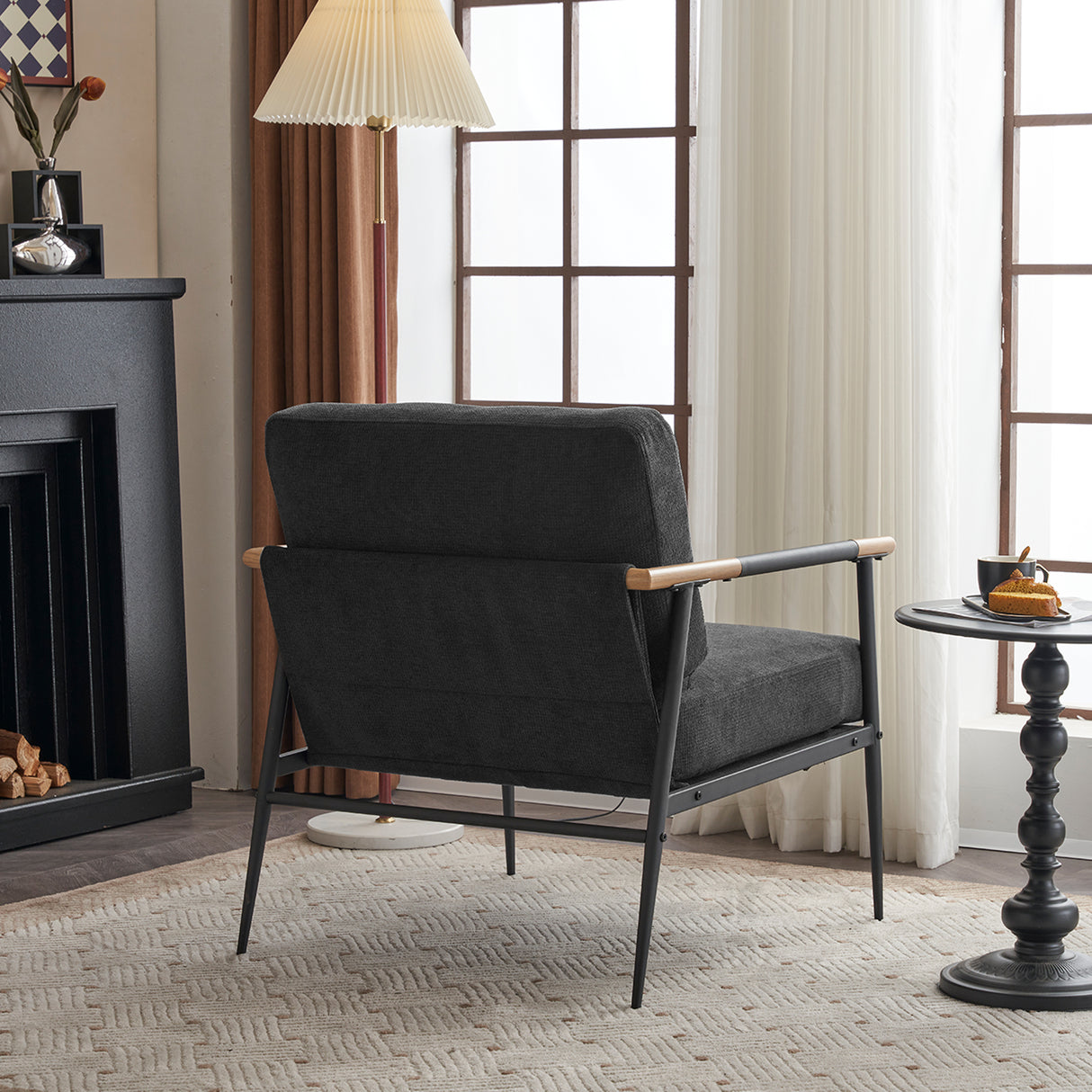 Leisure Lounge Chair Arm Chair with Metal Frame, Upholstered Side Chair Comfy Sitting Chair for Living Room, Black Chenille - V.I.P Digital Presence