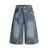 Punk Washed Distressed Denim Shorts Men's Summer Plaid Belted Contrast Pocket Loose Wide-Leg Three-Quarter Pants - V.I.P Digital Presence