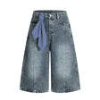 Punk Washed Distressed Denim Shorts Men's Summer Plaid Belted Contrast Pocket Loose Wide-Leg Three-Quarter Pants - V.I.P Digital Presence