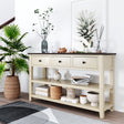 Retro Design Console Table with Two Open Shelves, Pine Solid Wood Frame and Legs for Living Room (Espresso+Beige) - V.I.P Digital Presence