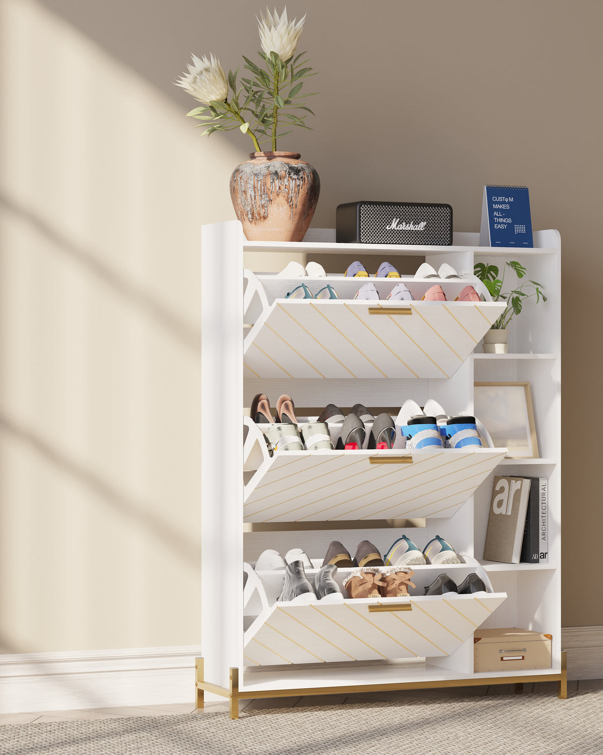 Shoe Cabinet with 3 Flip Drawers & Open Shelves, Modern Entryway Shoe Storage Cabinet Slim, Narrow Hidden Shoe Rack for Heels - V.I.P Digital Presence