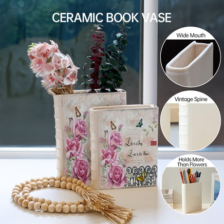 Book Vase - Ceramic, Cute & for Home Decor, with Flower & Shelf Options - V.I.P Digital Presence