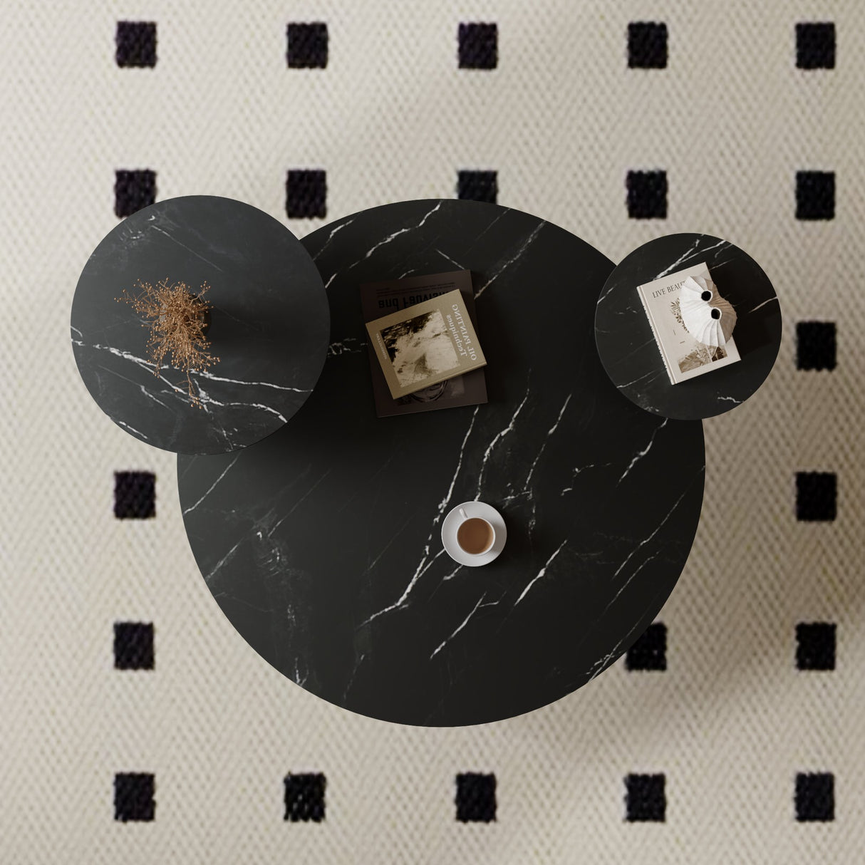 Modern coffee table with two display shelves, Black Faux marble surfaces, Tripod-inspired base,Rounded tabletop edges - V.I.P Digital Presence