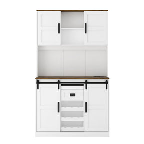 Farmhouse Bar Cabinet with Sliding Barn Door, Large Kitchen BuffetRustic Coffee Bar Sideboard Table,White - V.I.P Digital Presence