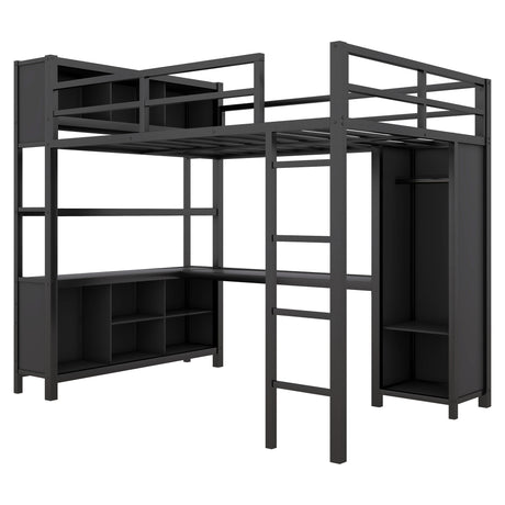 Metal loft bed with wardrobe and L-shaped desk, full-size loft bed with storage cabinet and shelf, heavy-duty loft bed, black - V.I.P Digital Presence