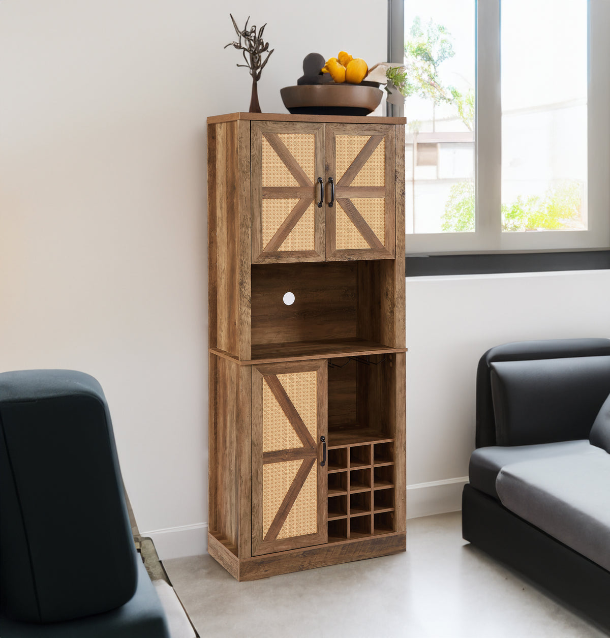 76-Inch Tall Rustic Oak Color Farmhouse Kitchen Faux Rattan Wine Cabinet, Kitchen Bar Cabinet with Square Compartments - V.I.P Digital Presence