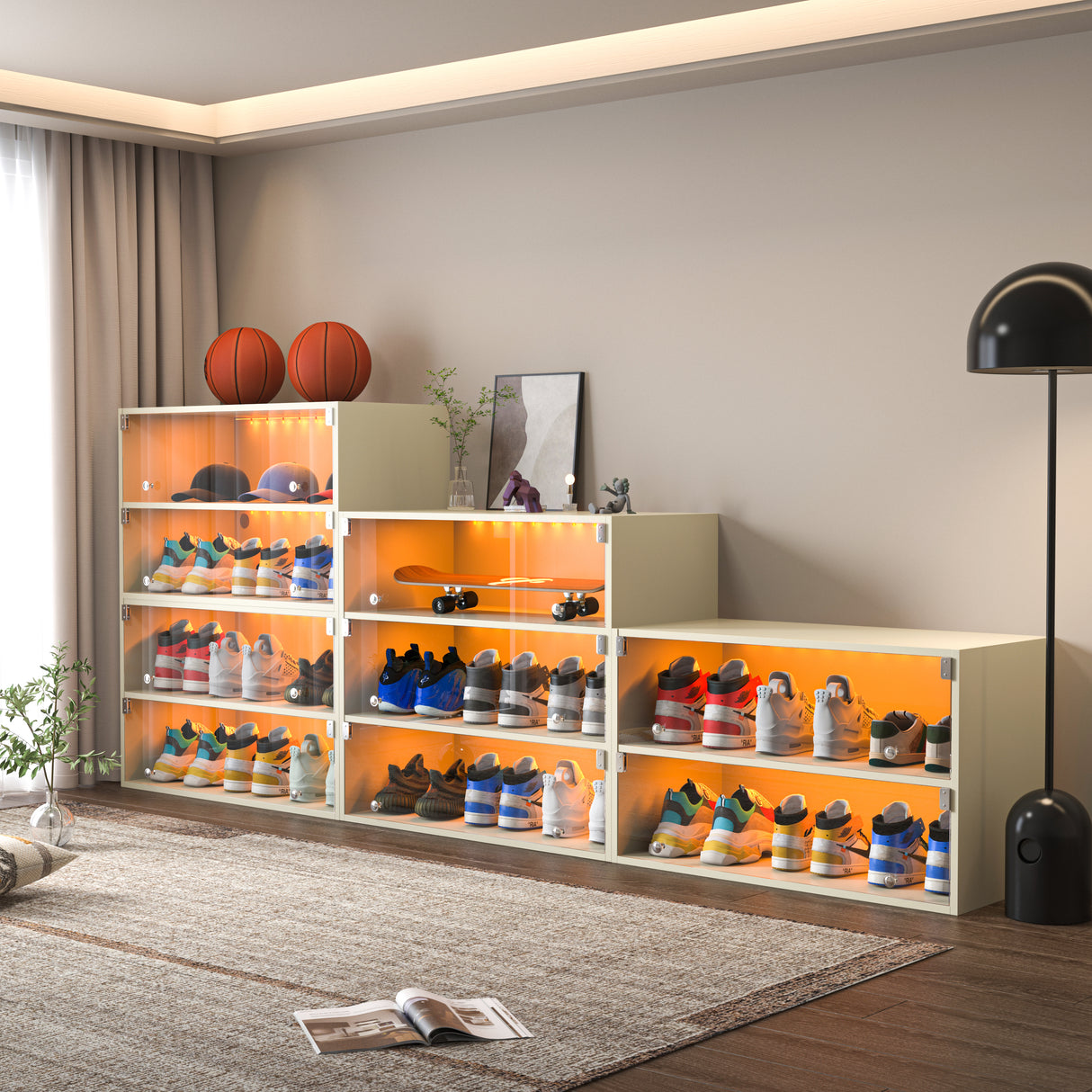 Off white LED light shoe box three layers with glass doors - V.I.P Digital Presence