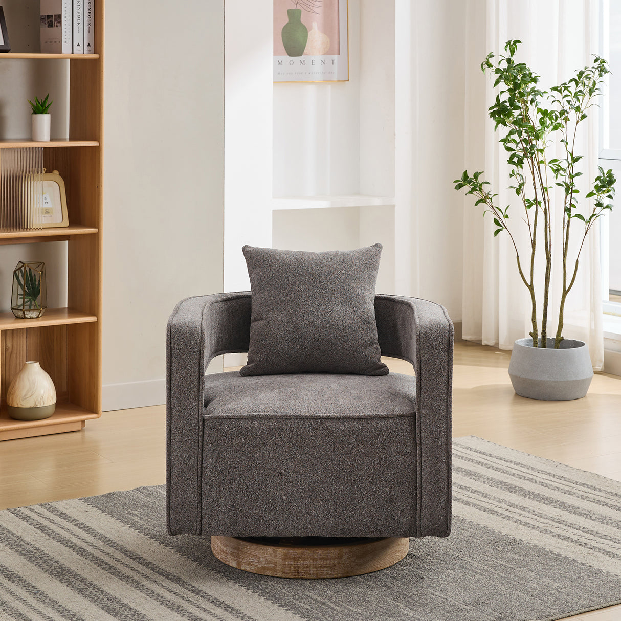29.1"W Swivel Accent Open Back Chair Modern Comfy Sofa Chair With Weathered Base (Charcoal,Linen Blend) - V.I.P Digital Presence