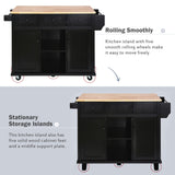 Kitchen trolley with rubber wood leaf countertop, 5-wheel kitchen island, storage cabinet and 3 dining drawers, black - V.I.P Digital Presence