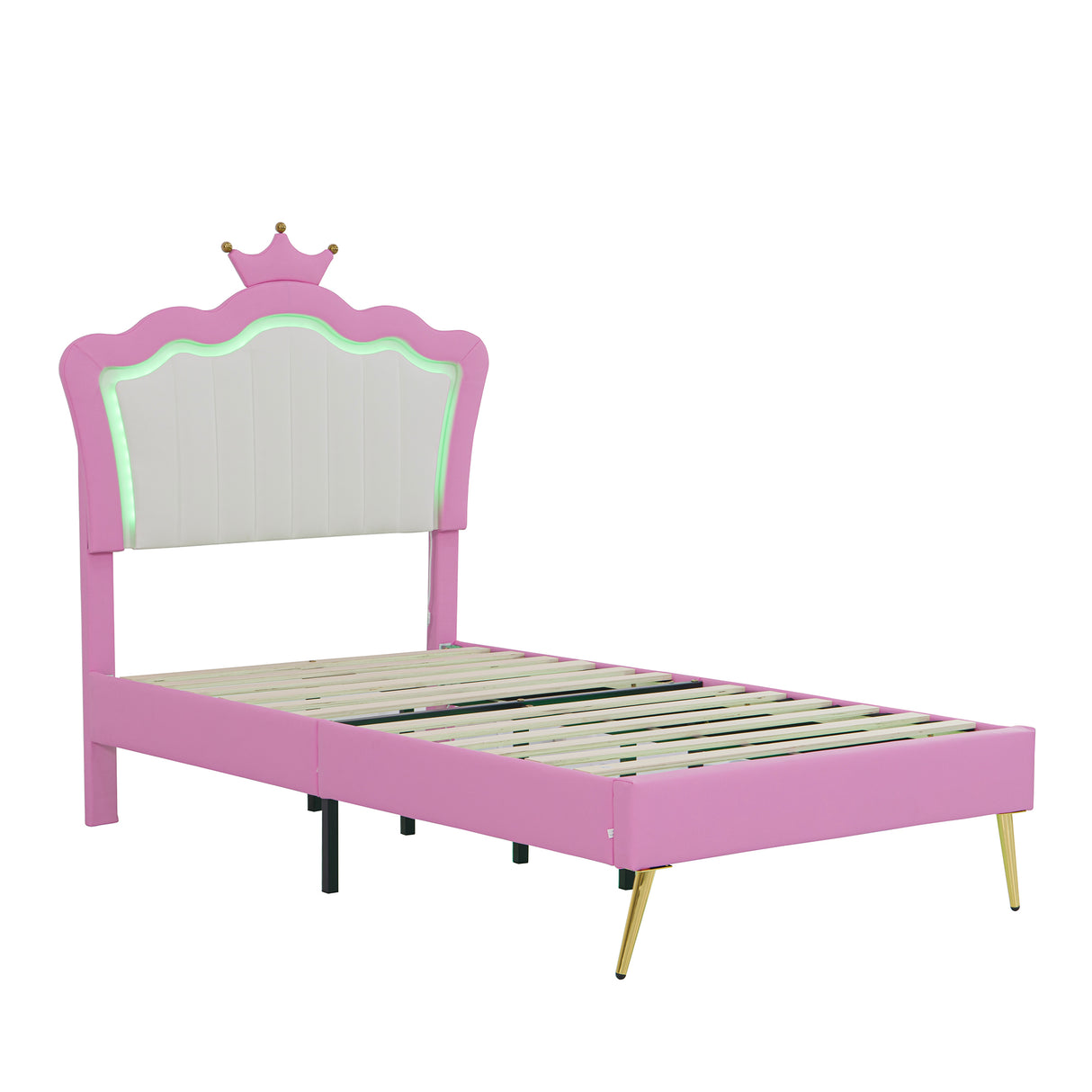 Twin Size Upholstered Bed Frame with LED Lights, Modern Upholstered Princess Bed with Crown Headboard, Pink+White - V.I.P Digital Presence