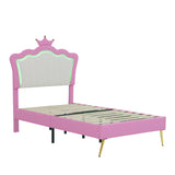 Twin Size Upholstered Bed Frame with LED Lights, Modern Upholstered Princess Bed with Crown Headboard, Pink+White - V.I.P Digital Presence