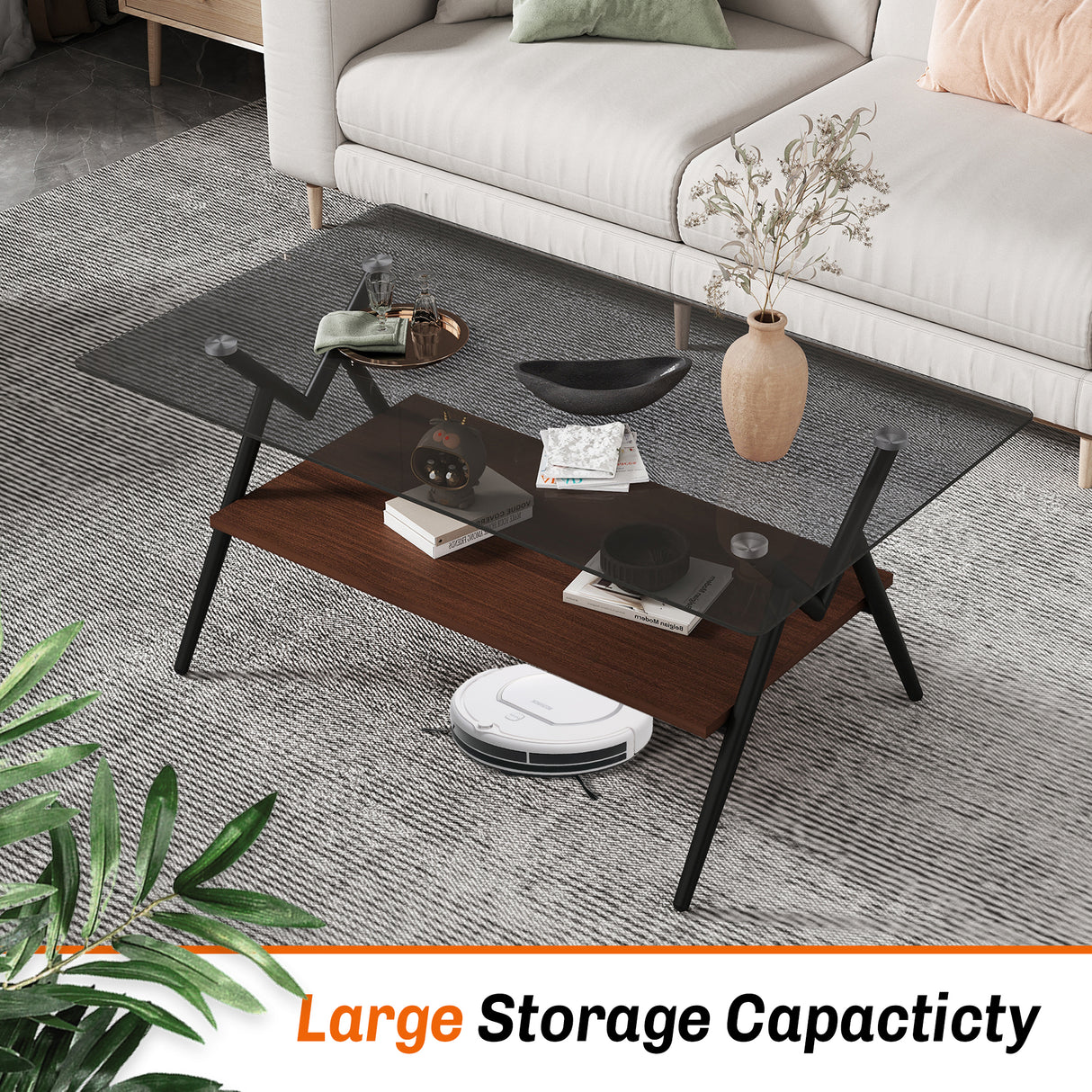 Rectangle Coffee Table with Tempered Glass top and Brown MDF Shelf, Modern Table for Living Room, Gray Glass - V.I.P Digital Presence