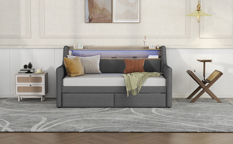 Twin Size Daybed with Storage Drawers, Upholstered Daybed with Charging Station and LED Lights, Gray - V.I.P Digital Presence