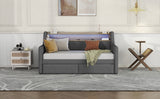 Twin Size Daybed with Storage Drawers, Upholstered Daybed with Charging Station and LED Lights, Gray - V.I.P Digital Presence