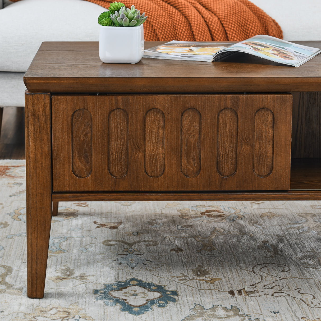 Medieval modern flute coffee table with storage sliding door and solid wood legs, vintage farmhouse wood central table - V.I.P Digital Presence