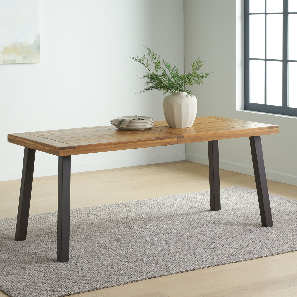 Della Acacia Wood Dining Table, Natural Stained with Rustic Metal, Brown, Grey - V.I.P Digital Presence
