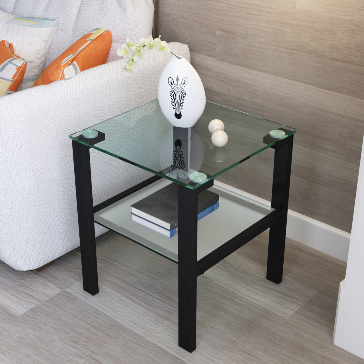 Glass two layer tea table, small round table, bedroom corner table, living room black side table - V.I.P Digital Presence