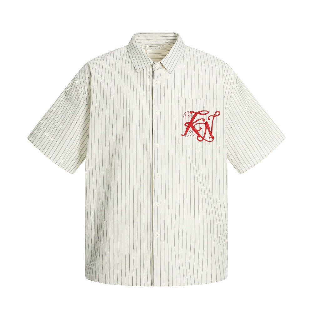 American Style Trendy Vertical Striped Embroidered Letter Short Sleeve Shirt Men's Loose Design Pockets Turn-Down Collar Shirt Summer - V.I.P Digital Presence