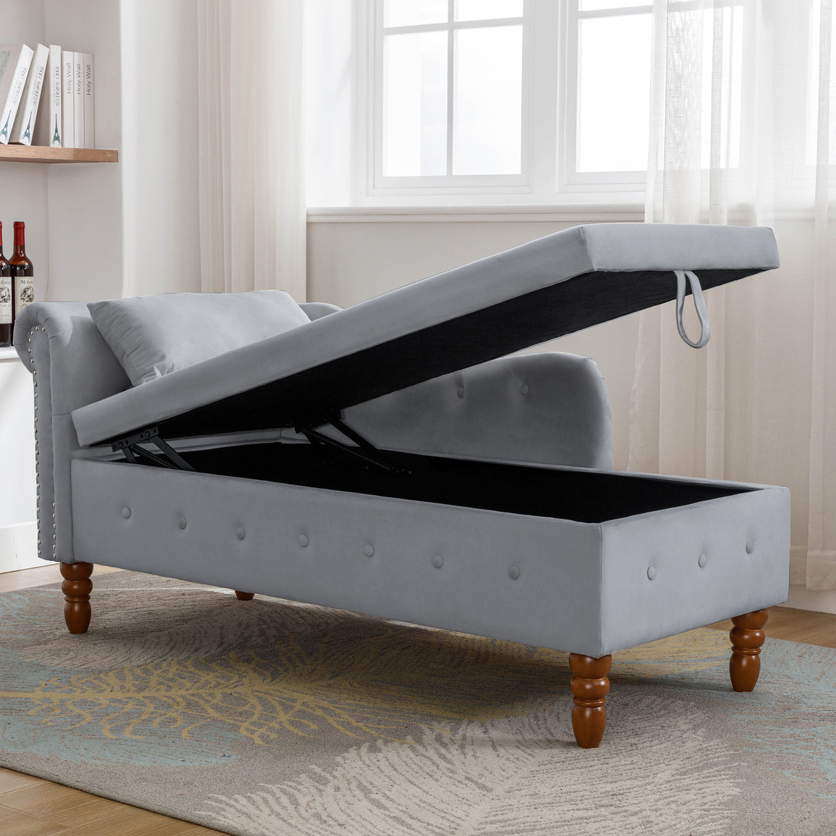 Grey Chaise Lounge Indoor Velvet Lounge Chair for Bedroom with Storage & Pillow Modern Upholstered Rolled Arm Chase Lounge - V.I.P Digital Presence
