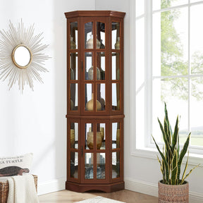 Corner Curio Cabinet with 5 Shelves and Lighting System, Walnut(E26 light bulb not included) - V.I.P Digital Presence