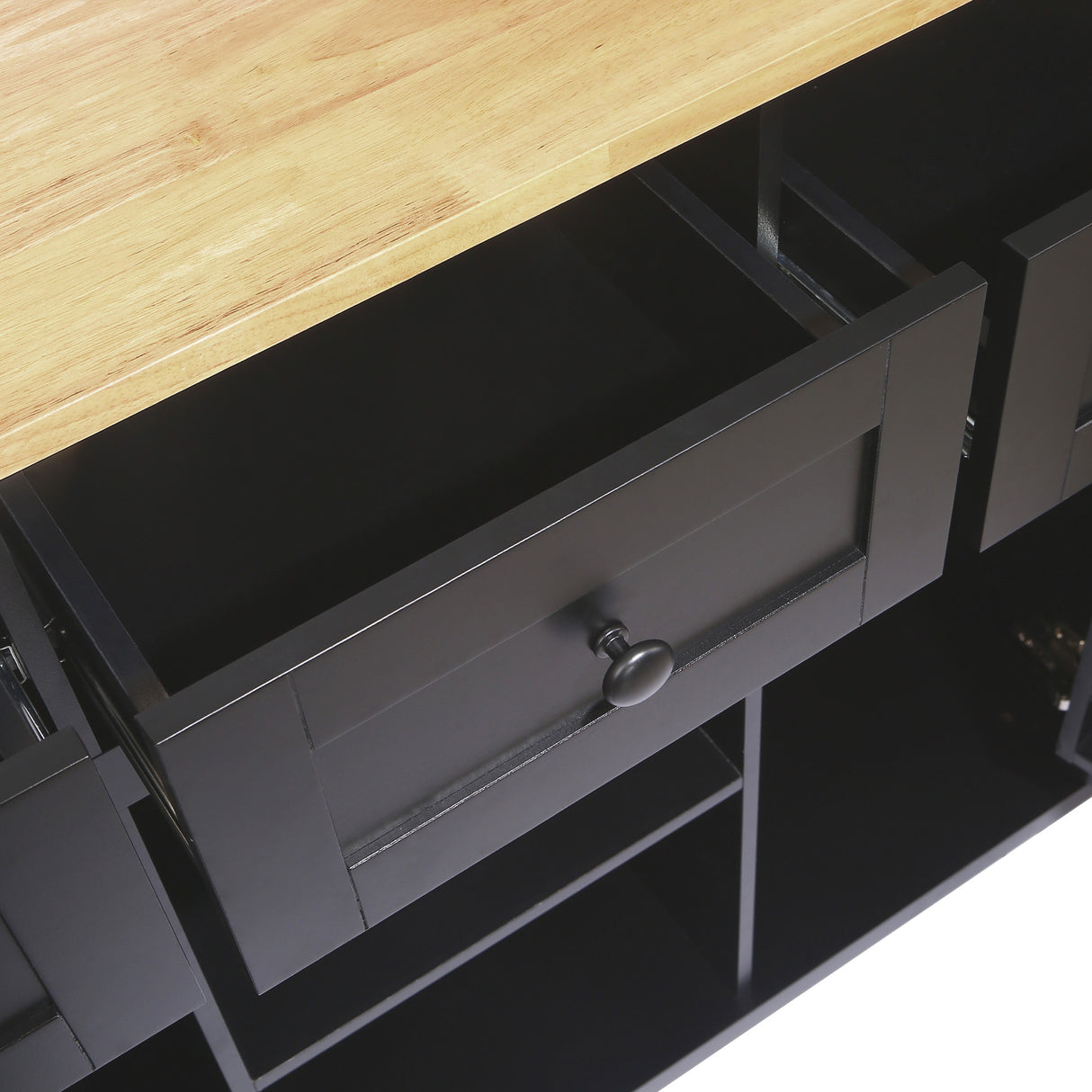 Kitchen trolley with rubber wood leaf countertop, 5-wheel kitchen island, storage cabinet and 3 dining drawers, black - V.I.P Digital Presence