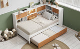 L-shaped bed frame with luggage and bookshelf, corner bed wooden captain's bed LED tube light and USB port walnut and white - V.I.P Digital Presence