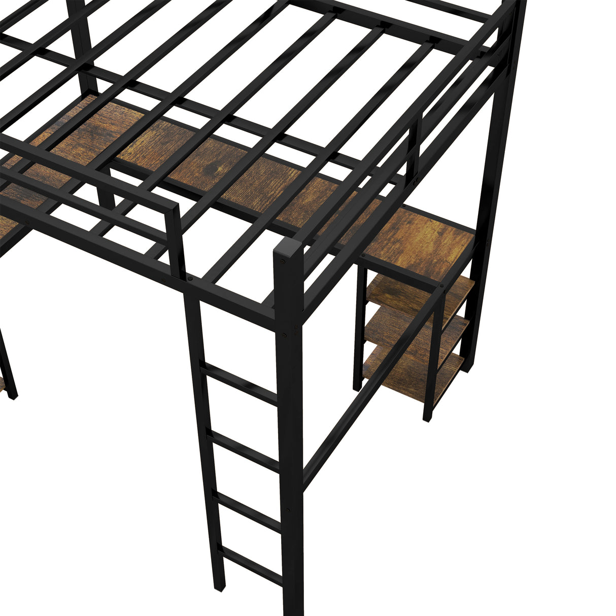 Full Metal Loft Bed with Desk and Shelves, Loft Bed with Ladder and Guardrails, Loft Bed Frame for Bedroom, Black - V.I.P Digital Presence