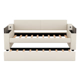 Twin Size Upholstery Daybed with Storage Arms  Trundle and USB Design Beige