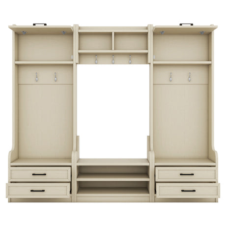 Four in one detachable hall tree with drawers and cabinets, 7 hooks, multifunctional corridor hangers, antique beige shoe stools - V.I.P Digital Presence