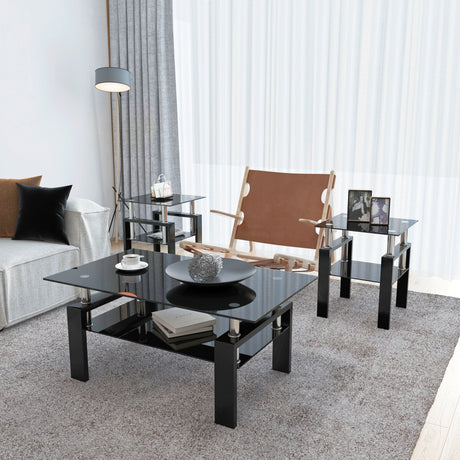 Set of 2, Modern Tempered Glass Tea Table Coffee Table End Table, Square Table for Living Room, Black - V.I.P Digital Presence