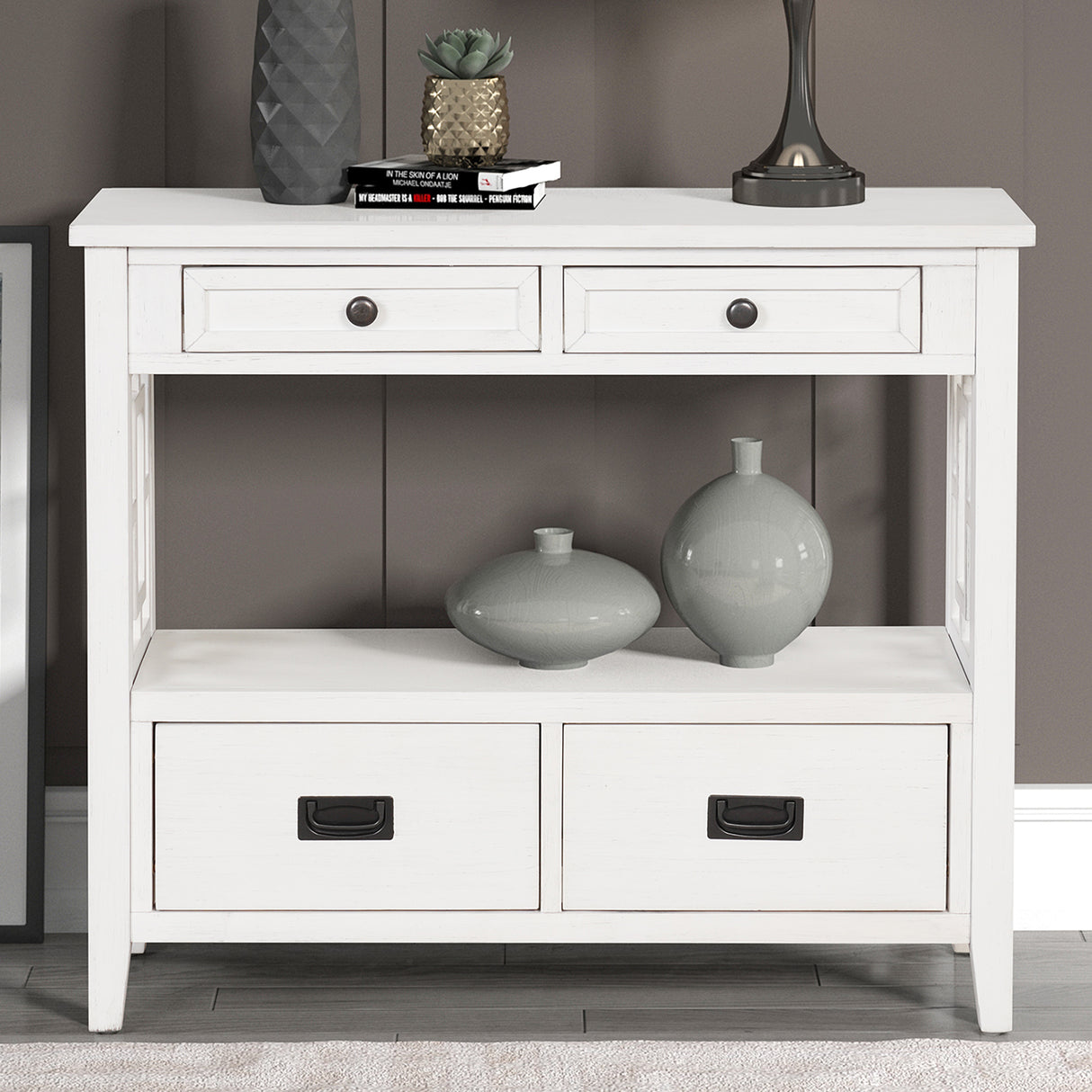 36'' Farmhouse Pine Wood Console Table Entry Sofa Table with 4 Drawers & 1 Storage Shelf (Antique White) - V.I.P Digital Presence