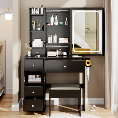 Left drawer desktop vanity+cushioned stool, 2 AC+2 USB power stations, touch sliding LED mirror, tri color switch - V.I.P Digital Presence