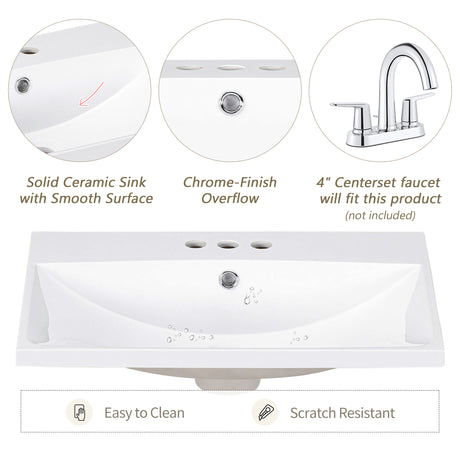 24" White Modern Sleek Bathroom Vanity Elegant Ceramic Sink with Solid Wood Frame Open Style Shelf - V.I.P Digital Presence