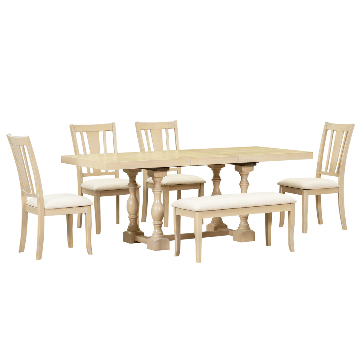 Traditional 6-Piece 78inch Trestle Extendable Dining Table Set with One 18inch Removable Leaf Padded Dining Chairs Bench,Natural - V.I.P Digital Presence