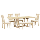 Traditional 6-Piece 78inch Trestle Extendable Dining Table Set with One 18inch Removable Leaf Padded Dining Chairs Bench,Natural - V.I.P Digital Presence