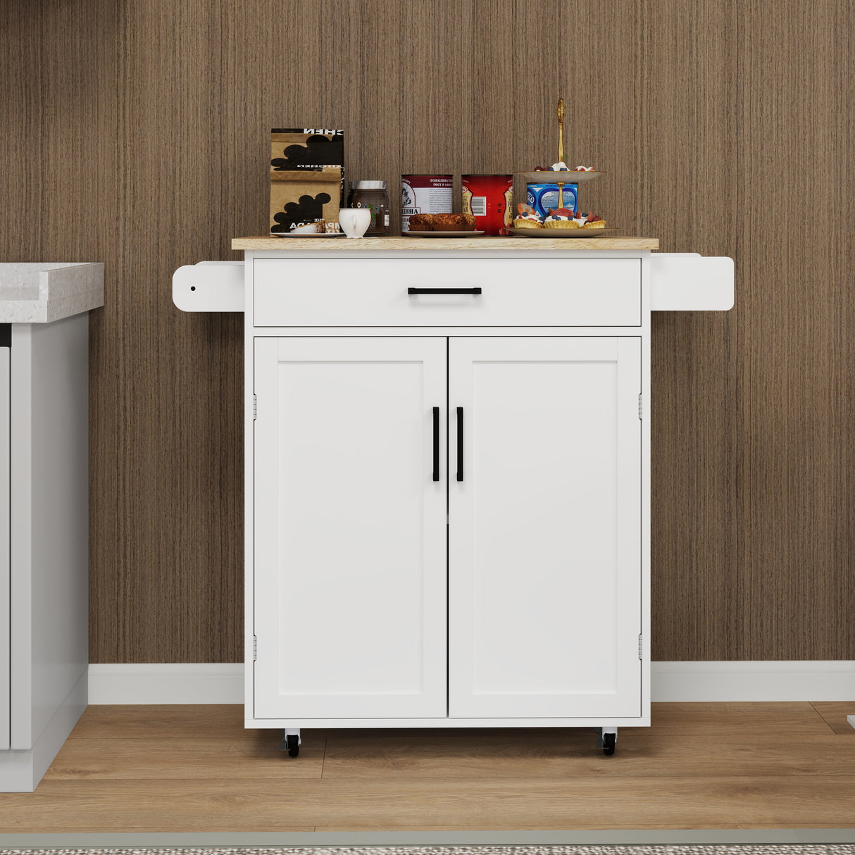 Kitchen island rolling trolley cart with 1 drawer & 2 doors with storage racks & Adjustable Shelves & towel rack - V.I.P Digital Presence