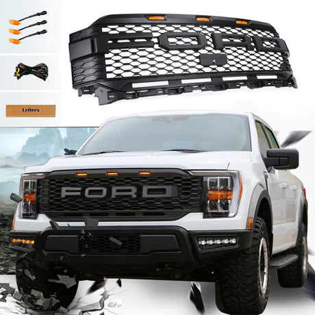 Grill For 2021 2022 2023 Ford f150 Raptor Grill Replacement W/LED Lights & Letters Matte Black - V.I.P Digital Presence