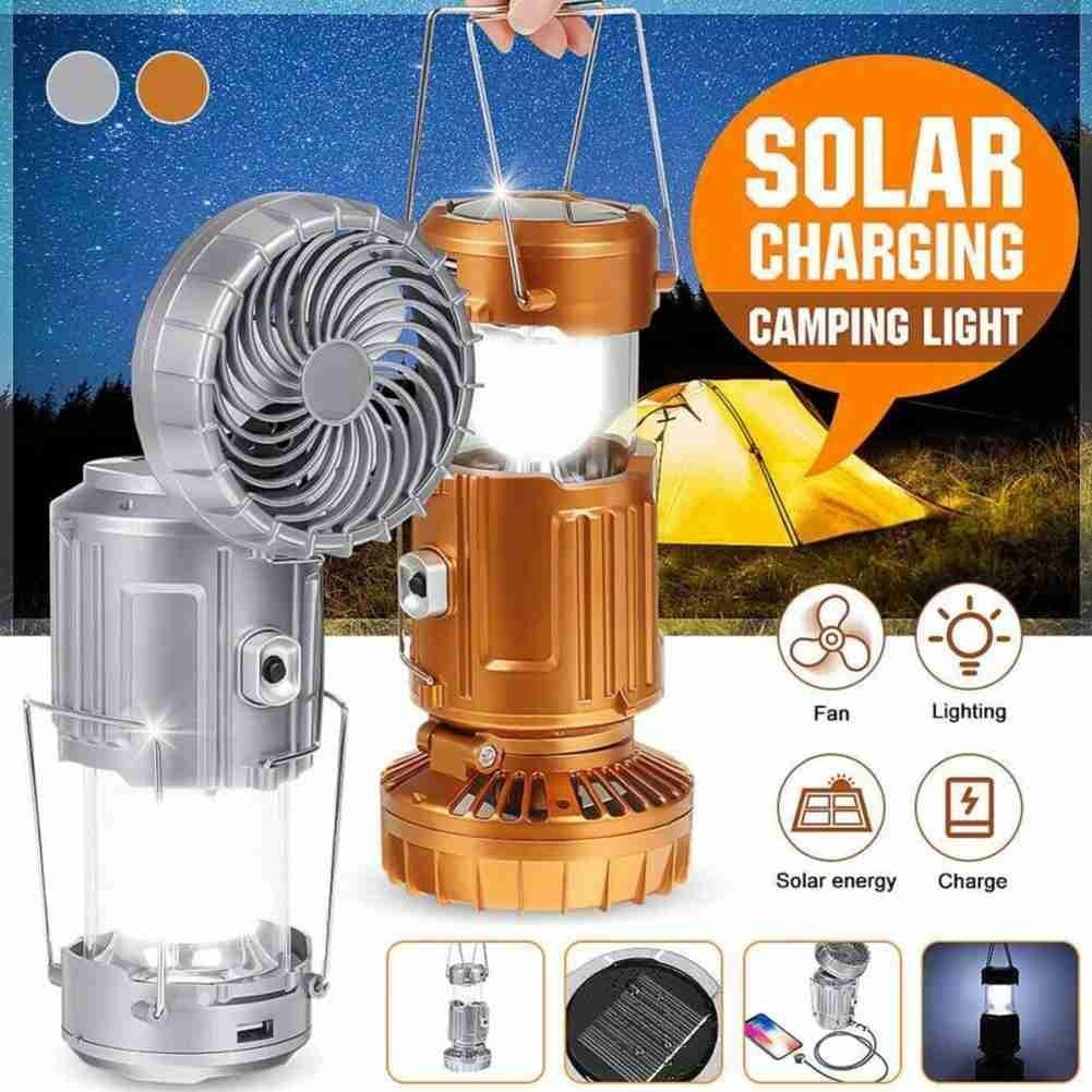 Portable Outdoor LED Camping Lantern With Fan Solar Charge Rechargeable Light Hanging Tent Lamp Fish Flashlight - V.I.P Digital Presence