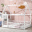 Full Size Floor Wooden Bed with House Roof Frame, Fence Guardrails ,White - V.I.P Digital Presence