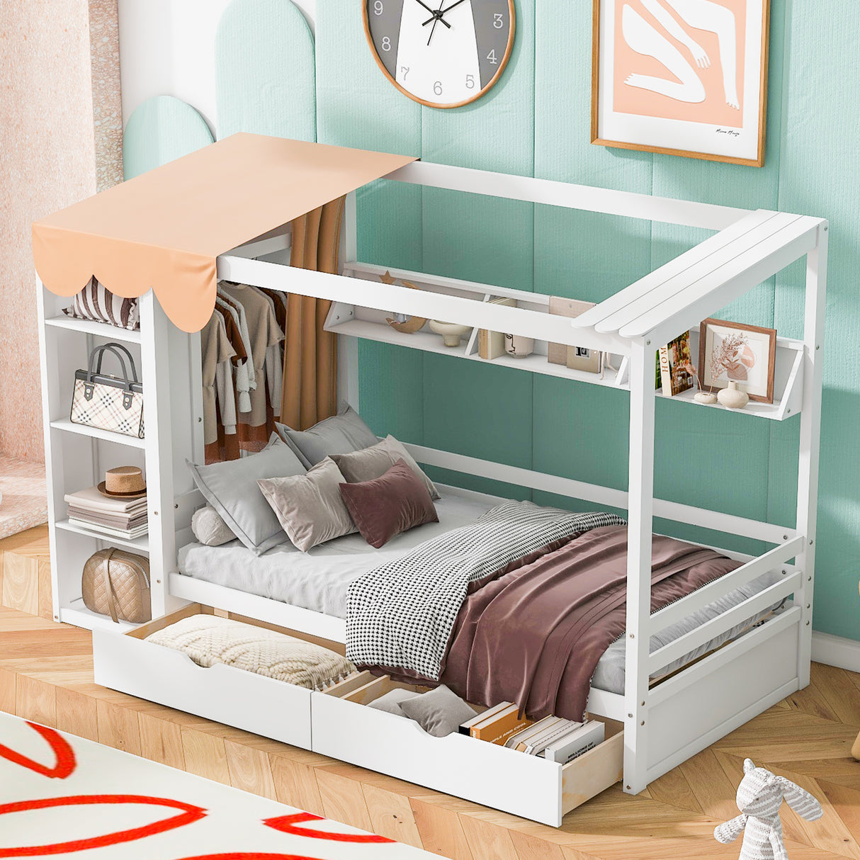 Twin size House Bed with Two Drawers and Wardrobe,White - V.I.P Digital Presence
