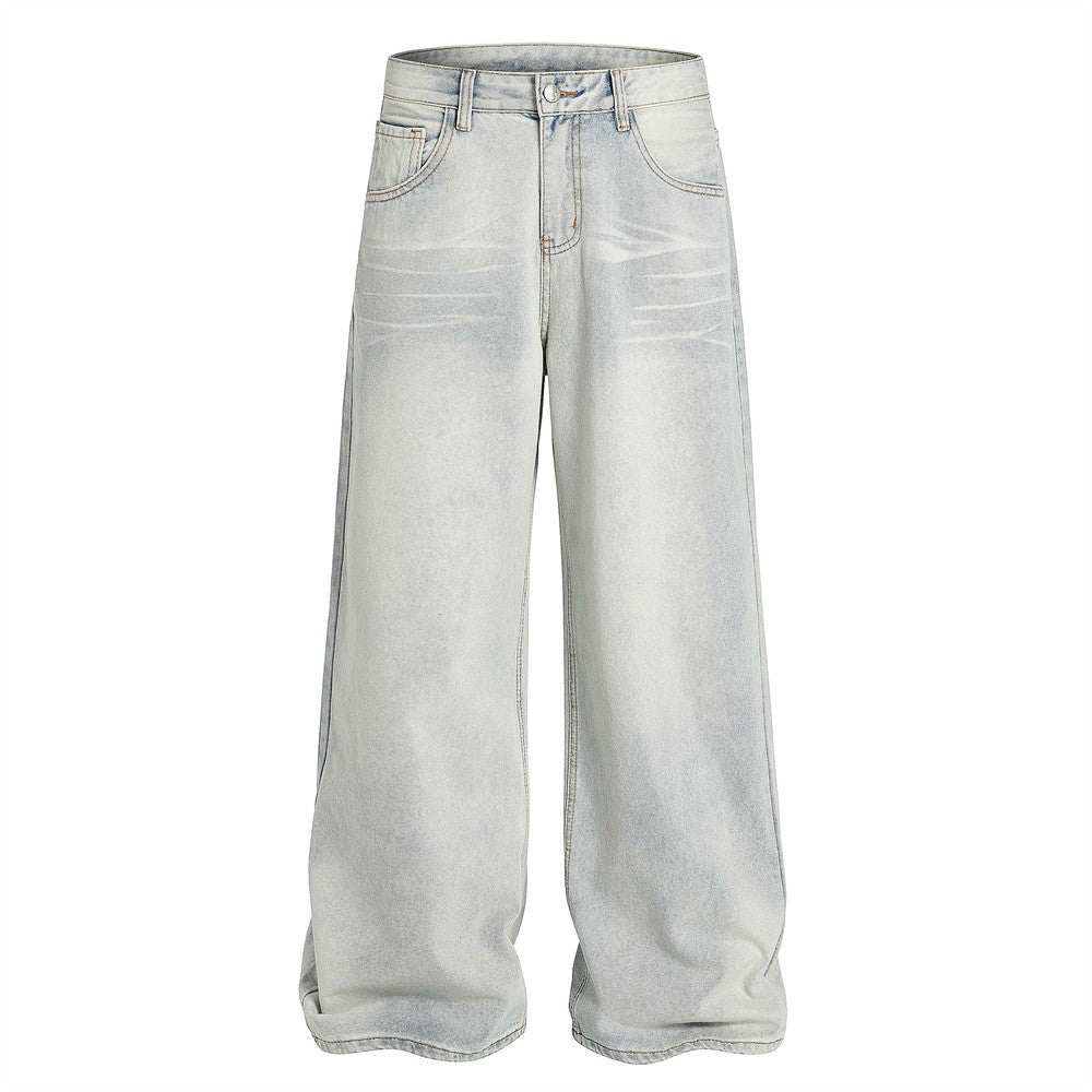 American Cleanfit Washed Denim Long Pants Men's Vintage Street Fashion Loose Straight Leg Distressed Wide Leg Dad Trousers - V.I.P Digital Presence