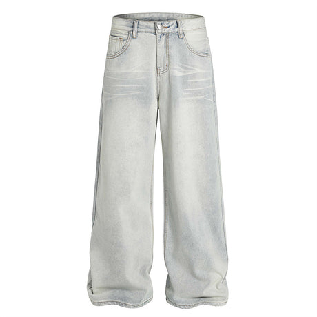American Cleanfit Washed Denim Long Pants Men's Vintage Street Fashion Loose Straight Leg Distressed Wide Leg Dad Trousers - V.I.P Digital Presence