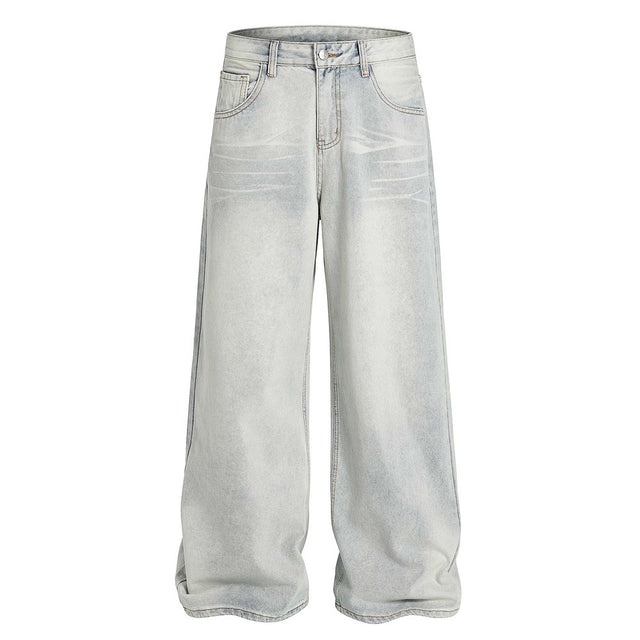 American Cleanfit Washed Denim Long Pants Men's Vintage Street Fashion Loose Straight Leg Distressed Wide Leg Dad Trousers - V.I.P Digital Presence