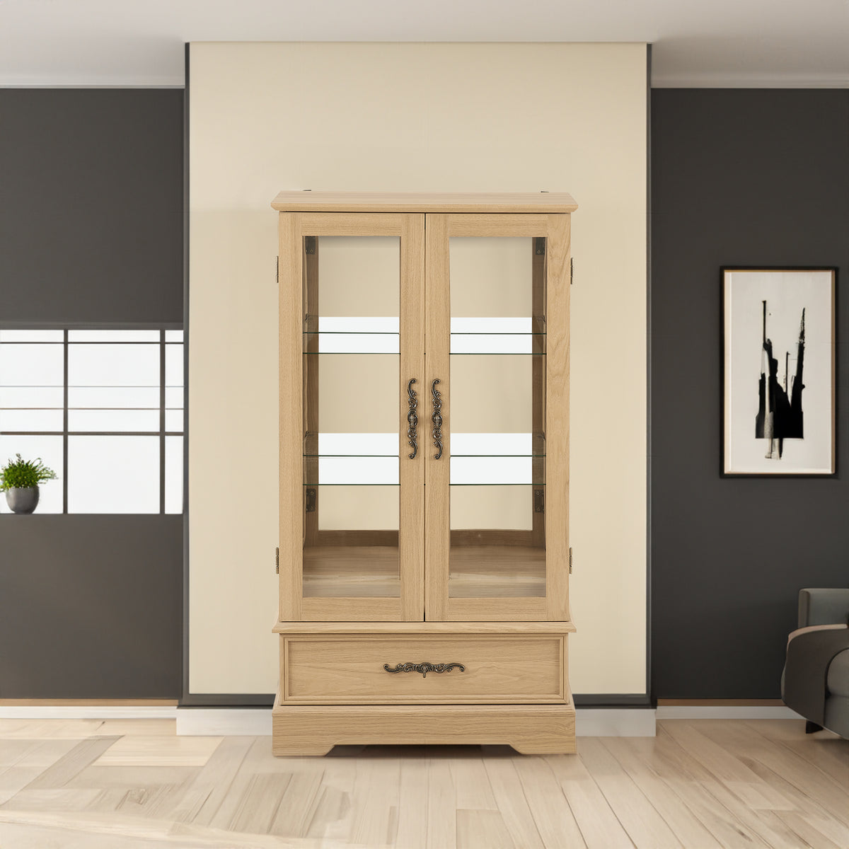 Light colored glass cabinet with adjustable glass frame, including cabinet light bulbs OAK with 2 doors and 1 drawer - V.I.P Digital Presence